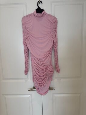 Ruched Long-Sleeve Draped Mini Dress in Dusty Pink